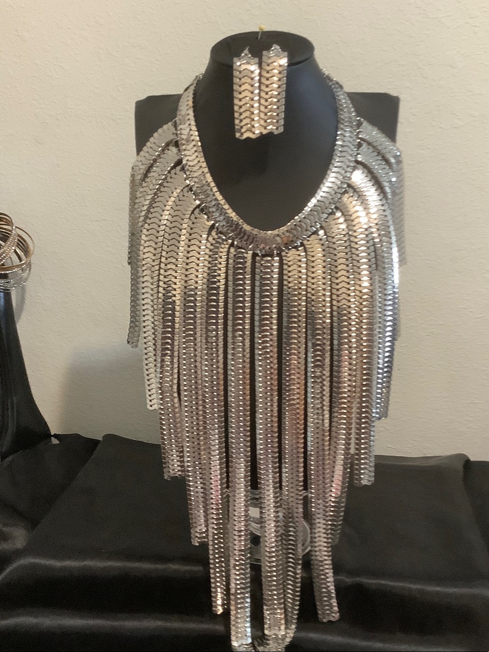 Silver Fringe Statement Necklace and Earring Set